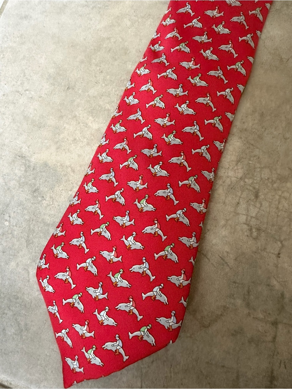 HERMES TIE 5241 SA Dolphin Man on Red 100% Silk Necktie